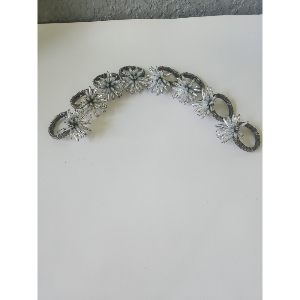 Set of 8 Beaded Starburst Napkin Rings Silver White Floral Burst Table Decor